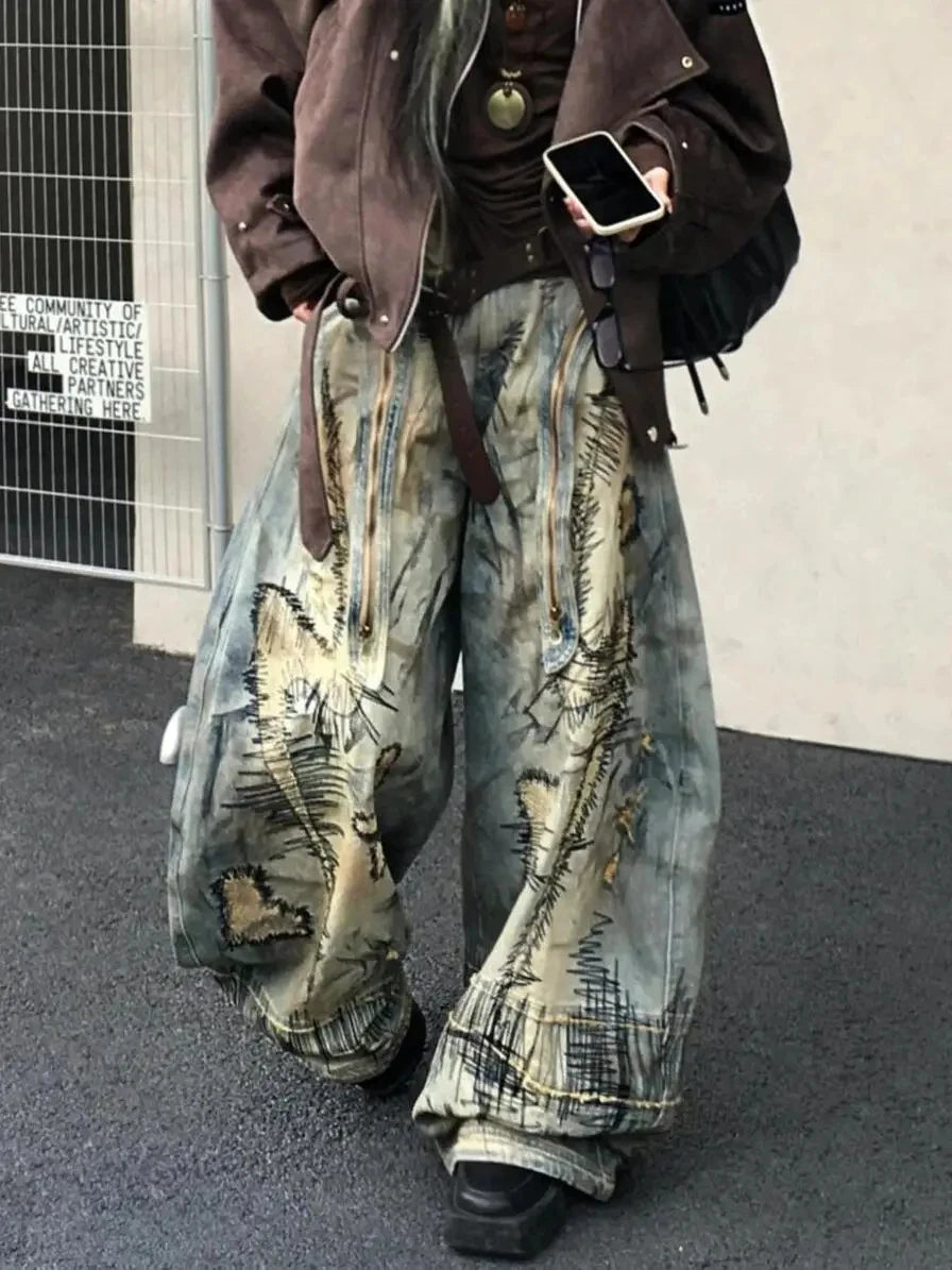American Street Destruction Style Embroidered Denim Pants Oversized Retro Wash Personality Fashion Loose Casual Wide Leg Jeans