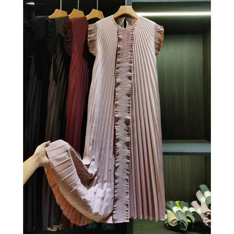 Miyake Pleated Solid Color Dresses High-End 2026 Ruffled Handmade Pleats Solid Color Fold Dress Summer Elegant Sleeveless Dress