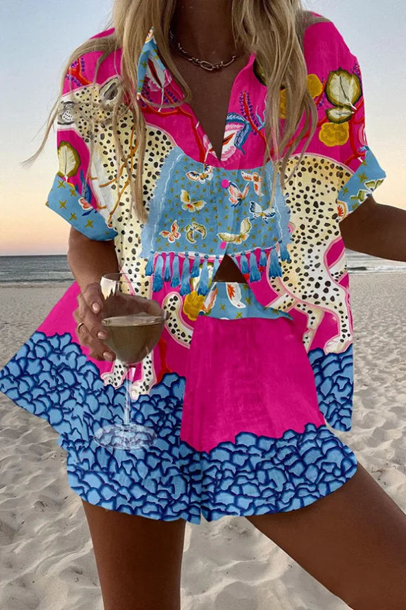 Fashion Print Beach Holiday 2-Piece Set Women Summer Short Sleeve Shirt Top + Wide Legs Short Women's Oversized Two-Piece Outfit
