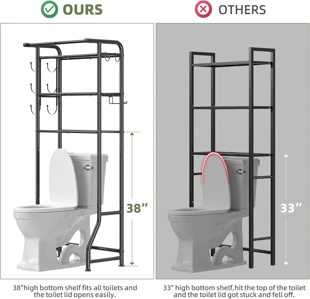 3-Tier Over Toilet Storage Cabinet, Metal Bathroom Shelf with Paper Holder & Hooks, Black