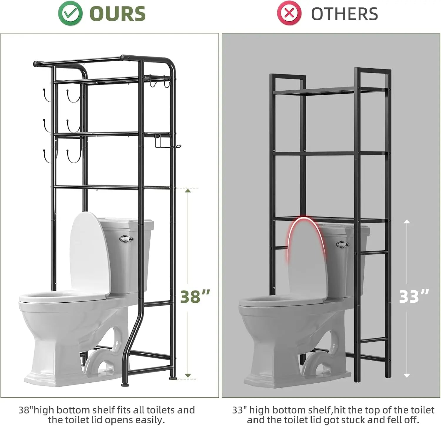 3-Tier Over Toilet Storage Cabinet, Metal Bathroom Shelf with Paper Holder & Hooks, Black
