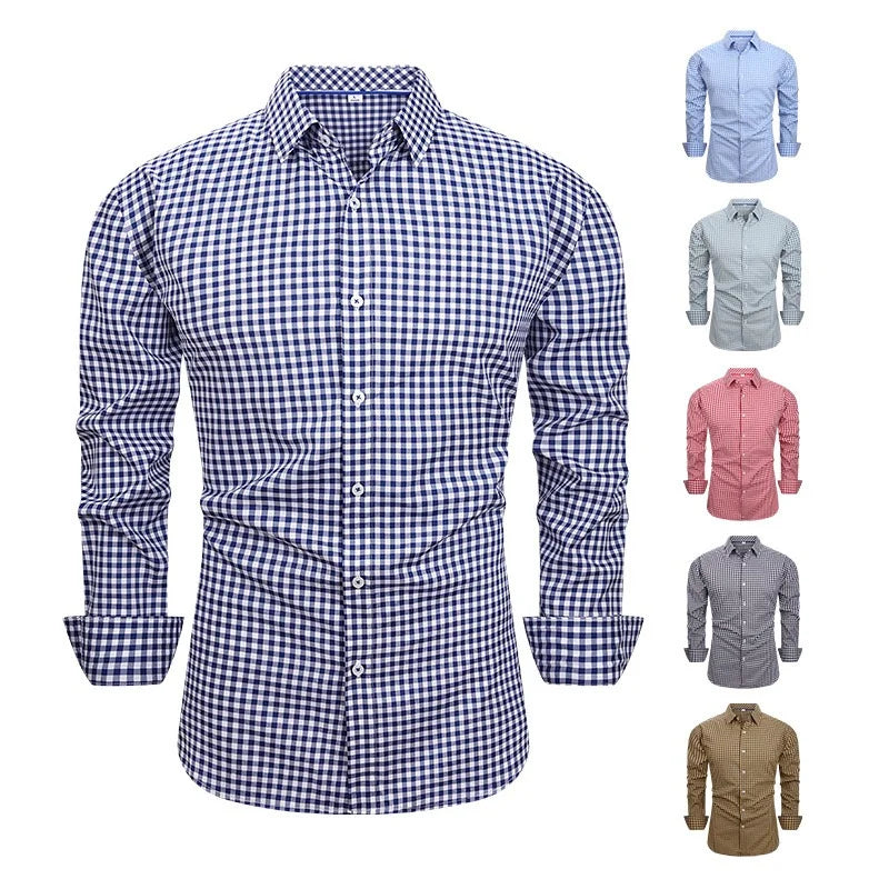 Men's Long-Sleeved Shirt, Plaid Long-Sleeved Shirt, Business Casual Slim-Fit Collared Shirt, Multiple Colors Available.