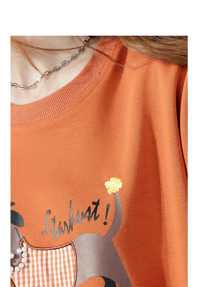 TOYOUTH Women's Sweatshirt 2026 Autumn New Loose Deconstructed Faux Two-Piece Plaid Dachshund Print Vintage Pullover Top