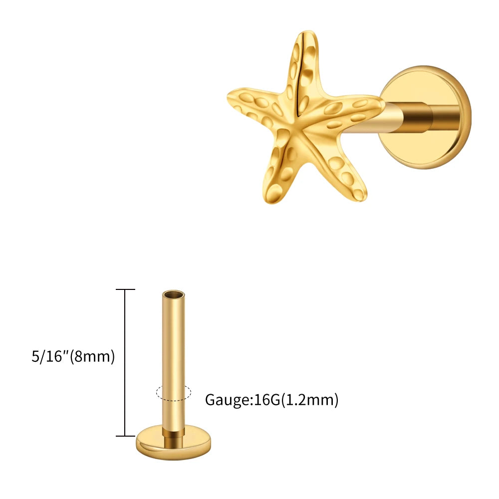 Right Grand ASTM F136 Titanium Tiny Starfish Cartilage Earring 16G Flat Back Labret Helix Stud Earlobe Piercing Summer Jewelry