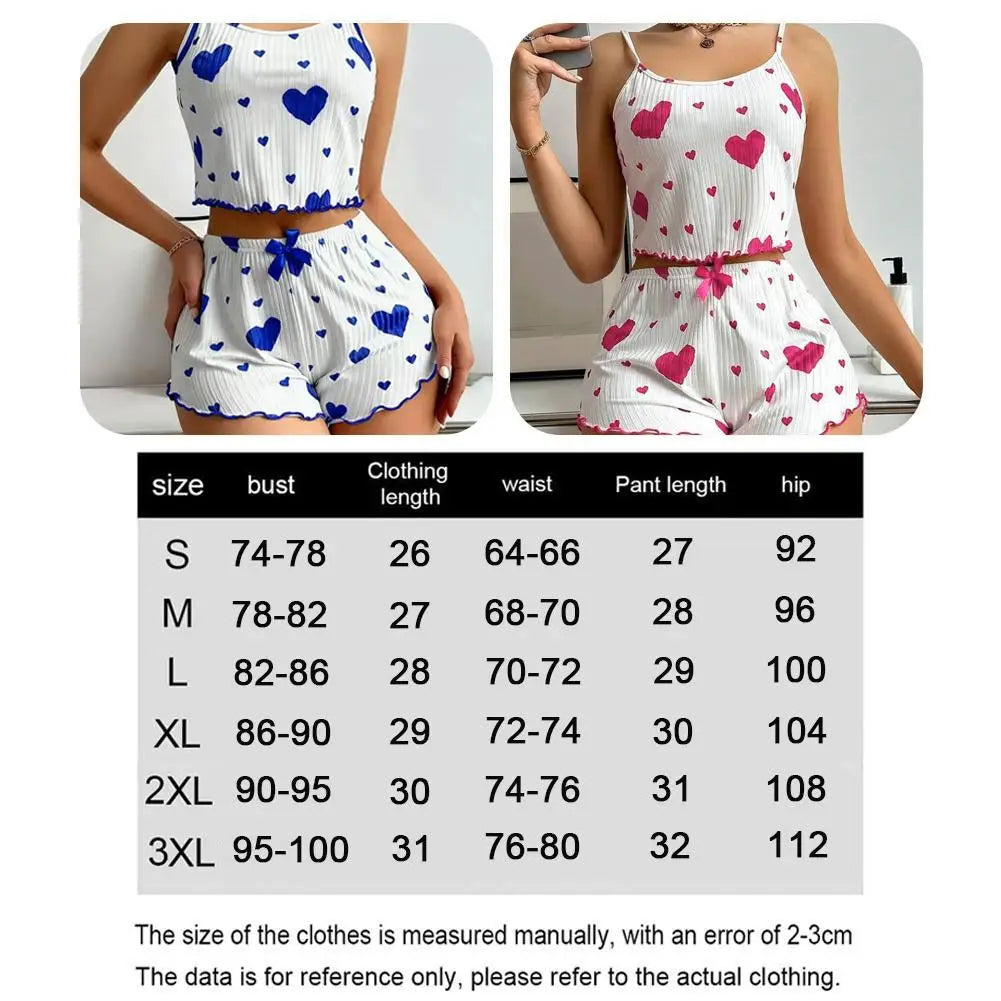 Women's Pajamas Set Sleepwear 2 PCS Short Tank Tops And Shorts S M L White Ventilate Soft Casual Heart Printing ﻿