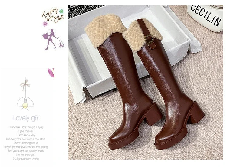 Winter Knee High Brown Long Boots Comfort Square Heel Zip Belt Buckle Platform Boots for Women  Plush Edge Warm Gothic Shoes
