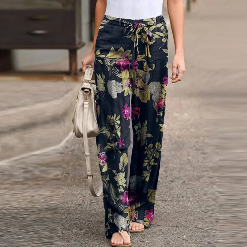 High Waist Drawstring Straight Women Pants 2024 Spring Fashion Loose Trousers Vintage Printed Casual Ladies Wide-Leg Long Pant