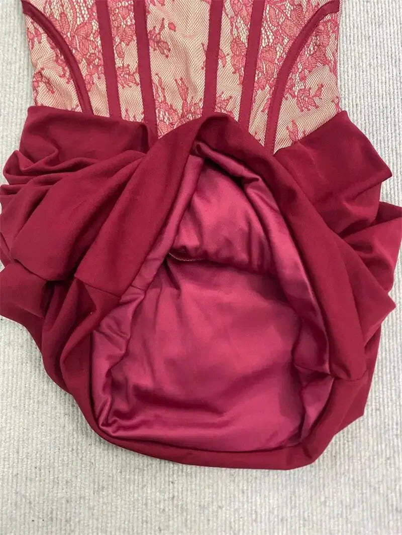 Lace Corset Mini Dress Women Square Neck Wide Strap Ruched Satin Bodycon Short Dress Club Party Cocktail Vestidos