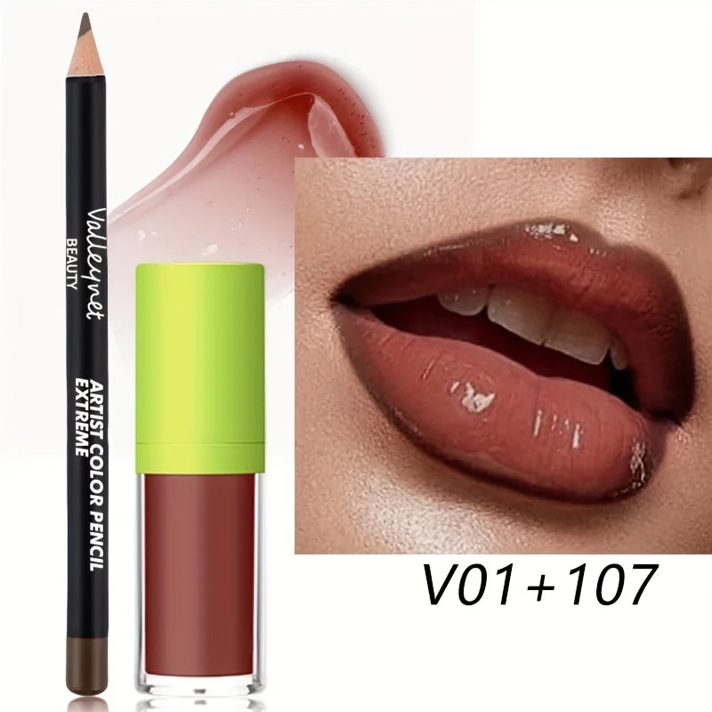 2pcs/Set Lip Gloss & Lip Liner Set Lip Kit Natural Nude Tinted Lip Glow Oil Moisturizing Liquid Lipstick with Lip Liner Combo