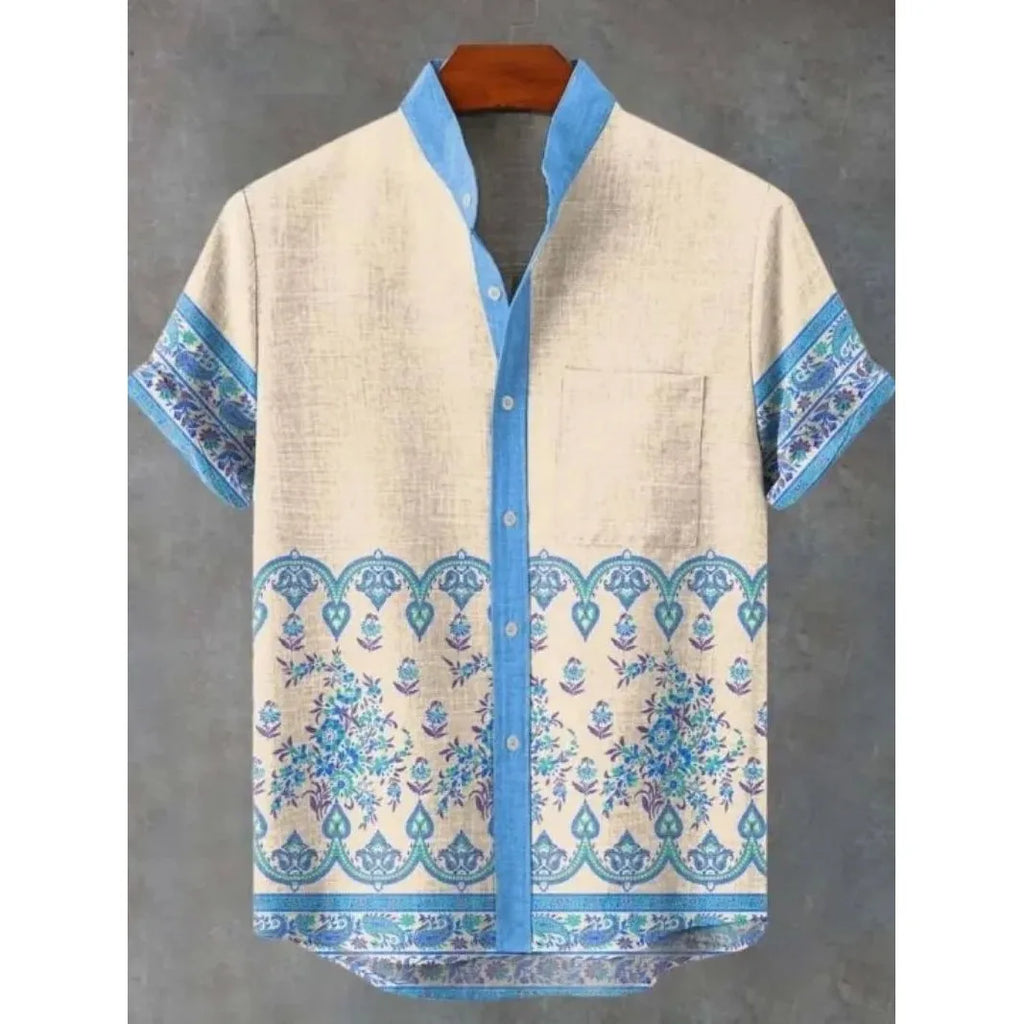 Men's Short Sleeve Printed Shirt Fashion Urban Style Polyester Fabric Loose Fit Casual Wear Turn-down Collar Classic Design