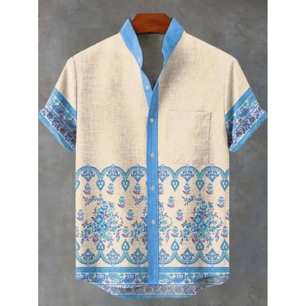 Men's Short Sleeve Printed Shirt Fashion Urban Style Polyester Fabric Loose Fit Casual Wear Turn-down Collar Classic Design