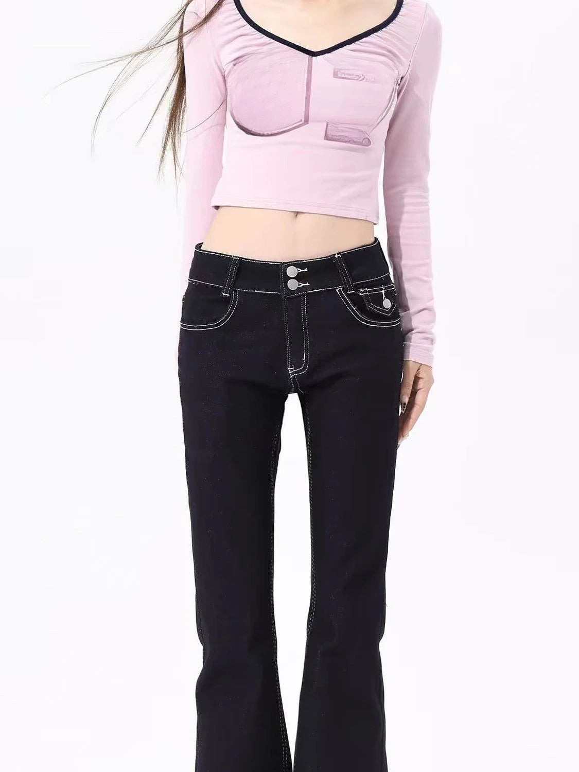 Y2K Women Low Waist Micro Flare Jeans Black Contrast Stitch Denim Pants Double Button Slim Retro Streetwear Bootcut Trousers