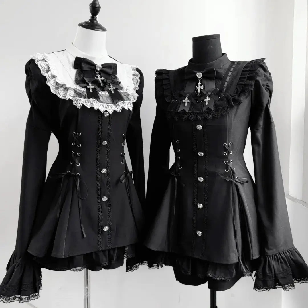 Gothic Lolita Two Piece Set with Bow, Y2K Aesthetic Flare Sleeve Mini Dress, Japanese Punk Style Party Co-ord Outfit