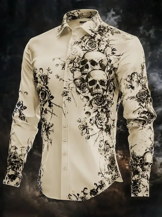 2025 Halloween Theme Men's Halloween Costumes Skulls Shirt Button Up Shirt Casual Dress Shirt Long Sleeve Dark Gothic Style Tops