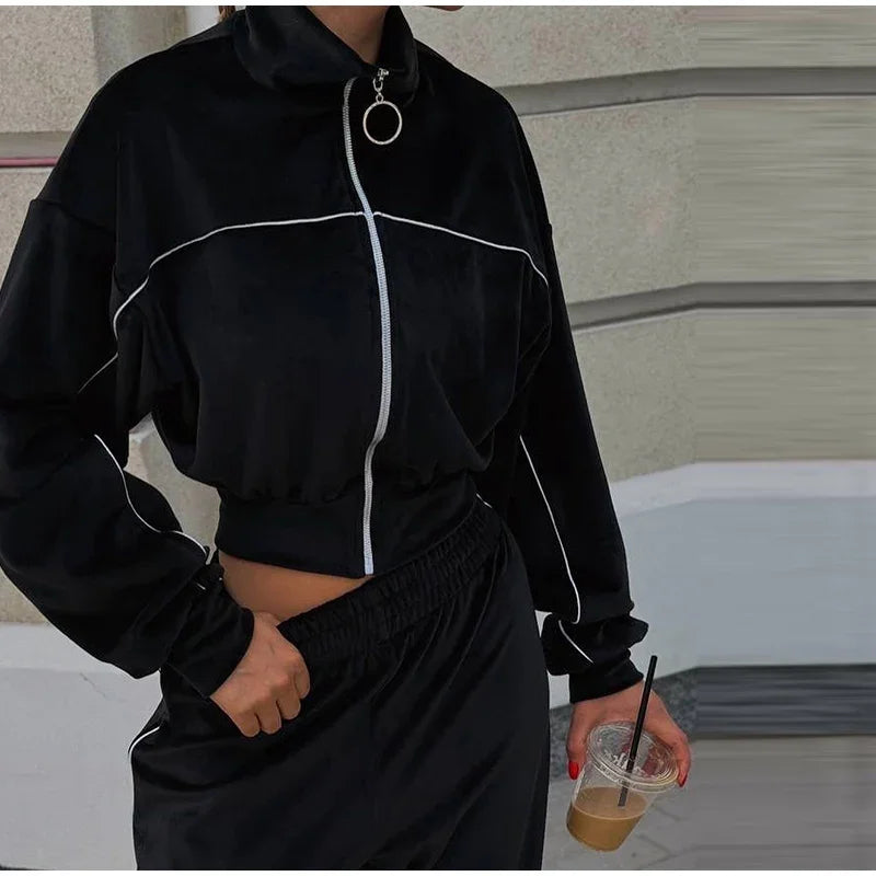 Women's Casual Solid Color Two-piece Short Stand-up Collar Jacket Wide-leg Pants 2026 Street Style Women's Clothing Set
