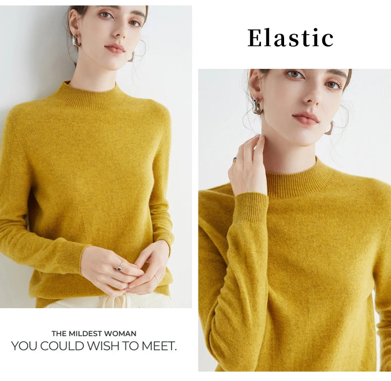 First-Line Seamless Women's Half-Turtleneck 100% Pure Wool Sweater Solid Color Long Sleeve Pullover Knitted Bottoming Sweater