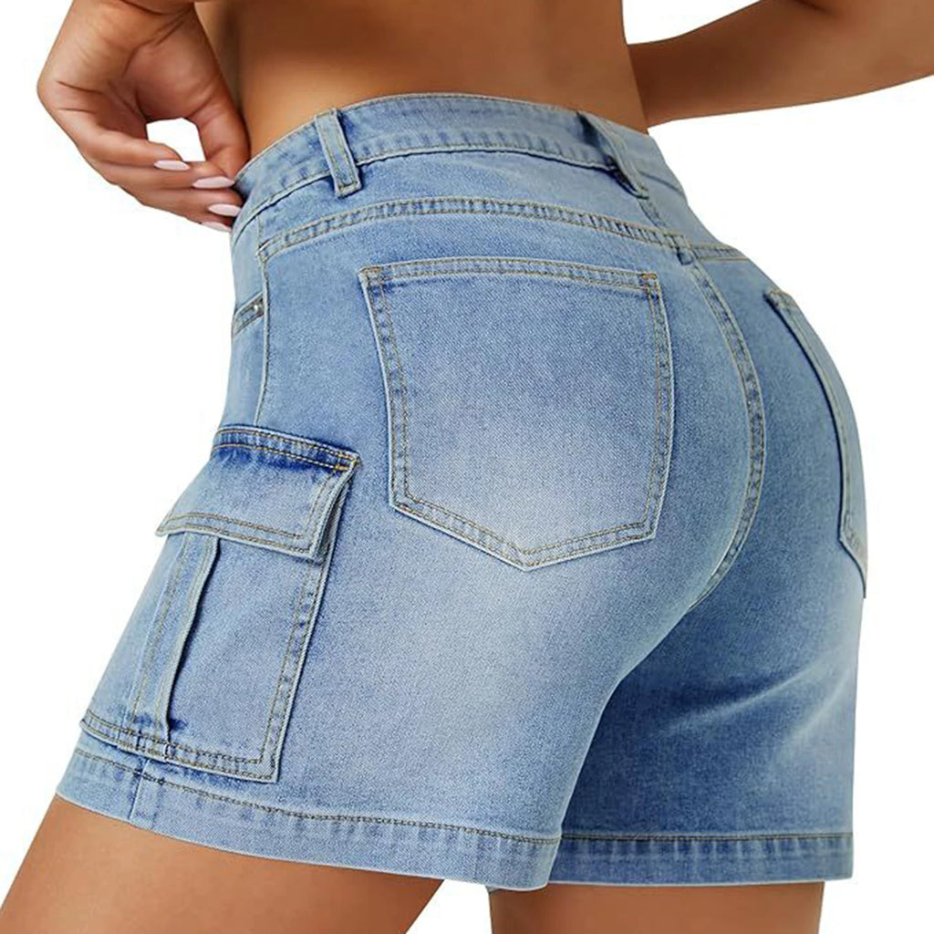 Solid Color Women's Denim Shorts Summer Wear High Waist Slim Cargo Jeans Bottoms Daily Use Soft Comfy Stretch Ladies Casual Pant