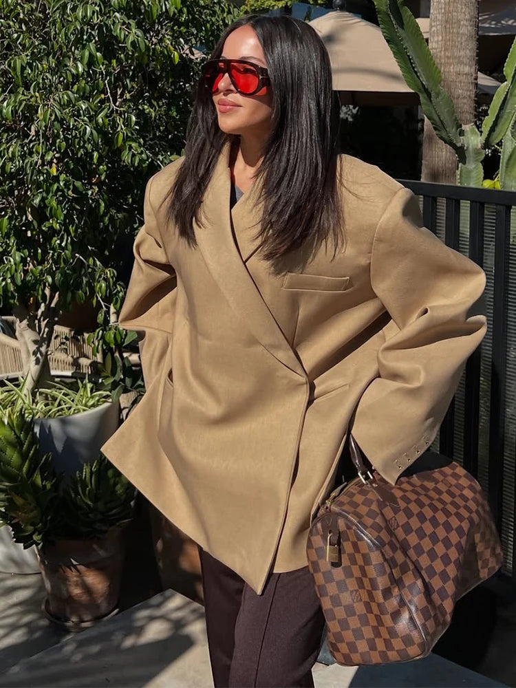 Women Red Fashion Blazer Jacket Lapel Collar Single Button Long Sleeve Loose Casual Coats Oversized Autumn Winter Street Outwear
