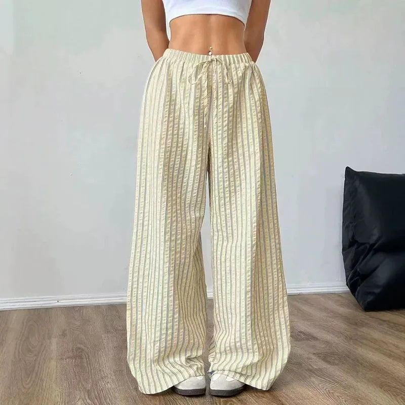 Women's Casual Striped Wide-Leg Pants   Summer Commute Fashion Drawstring Elastic Waist  Versatile Relaxed Straight Leg Trousers