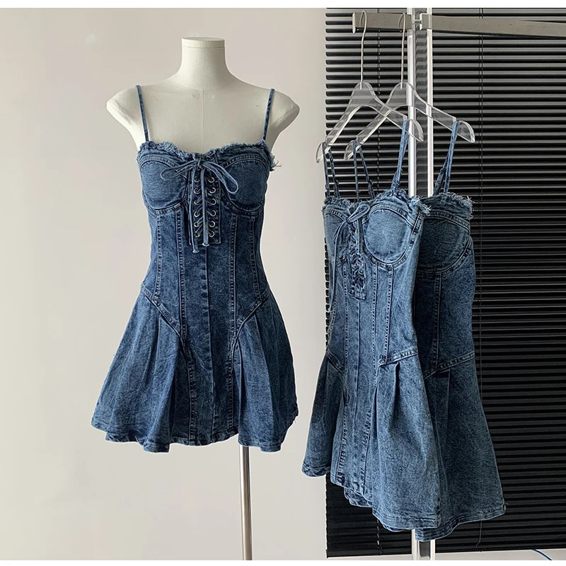 Sexy Mini Spaghetti Strap Lace-Up Jeans Dress Women 2024 New Trendy Summer Girls Dress Fashion Ripped Tassel Denim Dress Female