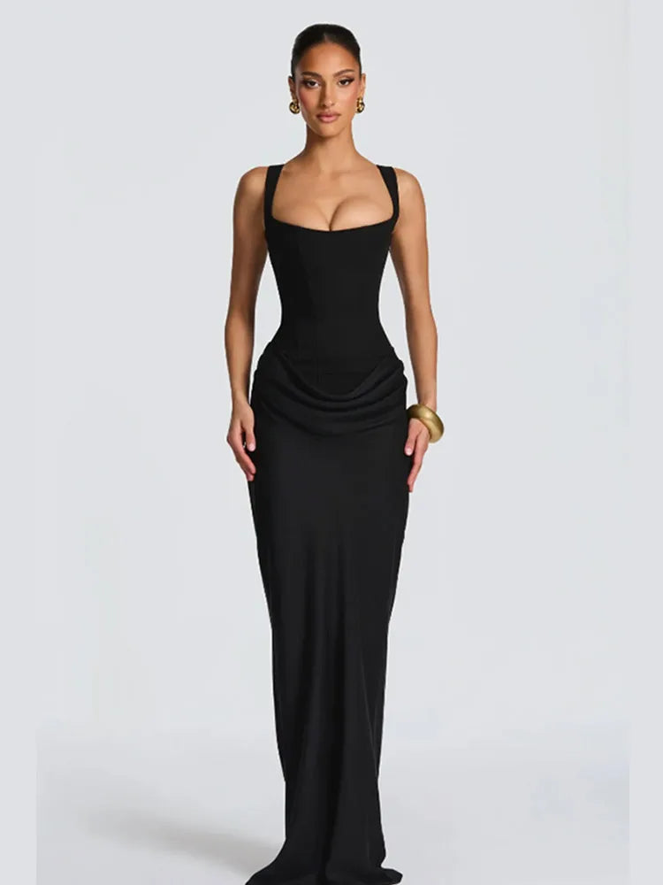 Solid Pleated Sling Dress Women Square Neck Sleeveless Backless Waist Cinching Bodycon Dresses Lady Summer Evening Party Gowns