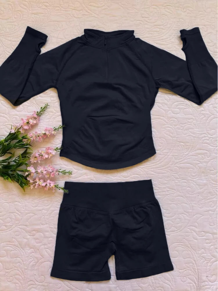 2026 2pcs Long Sleeve Yoga Set Women Half Zippy Jacket Longline Sports Top Gym Shorts Fitness Suits Running Coats Workout Set