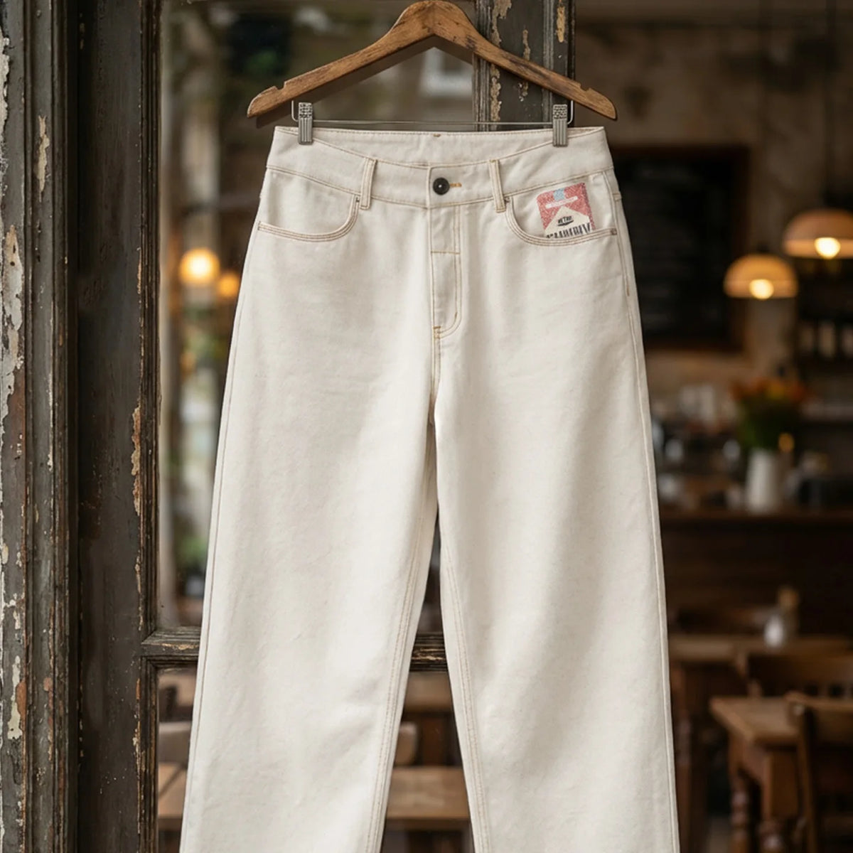 Maden Men's Vintage White Heavyweight Washed Jeans Straight 100% Cotton CleanFit Casual Pants with Zip Fly for Spring and Autumn
