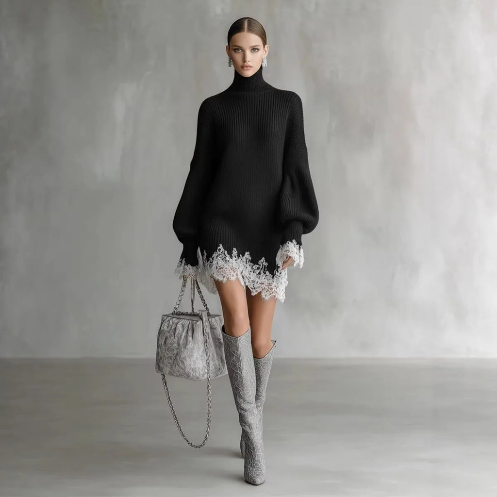 Women Autumn Winter Loose Sweater Dress Turtleneck Long Sleeve Contrast Lace Hem Patchwork Knitted Mini Dress For Daily Outfit