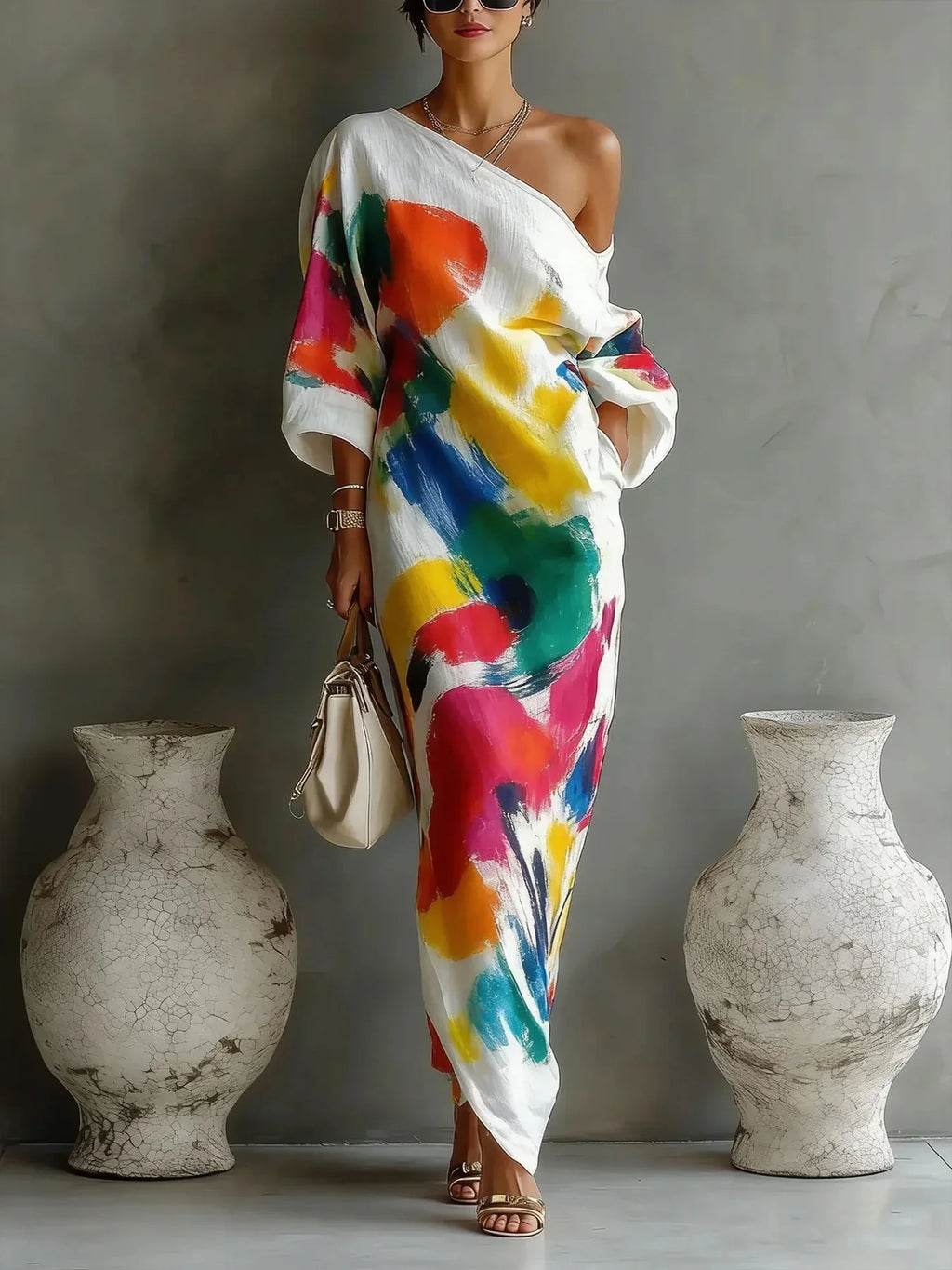 Abstract Brush Print One Shoulder Maxi Dress 3/4 Sleeve Loose Fit Casual Kaftan with Pockets, Bohemian Art Print Dress for Women