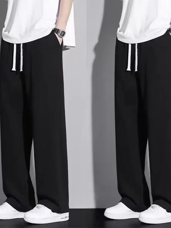 Men's Casual Straight Leg Drawstring Sweatpants Versatile Leisure Long Trousers Student Sports Pants Polyester Fiber Elastic