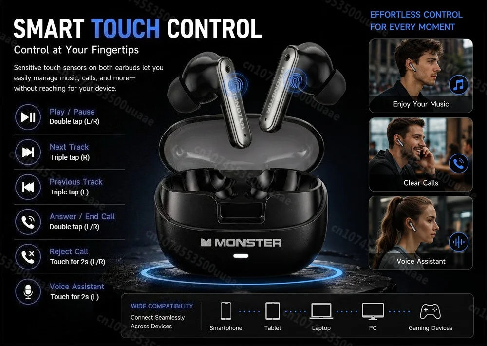 Monster A03 ANC Earbuds Bluetooth 6.0 Active Noise Cancelling Headphones Powerful Deep Bass Sport TWS Wireless Earphone with Mic