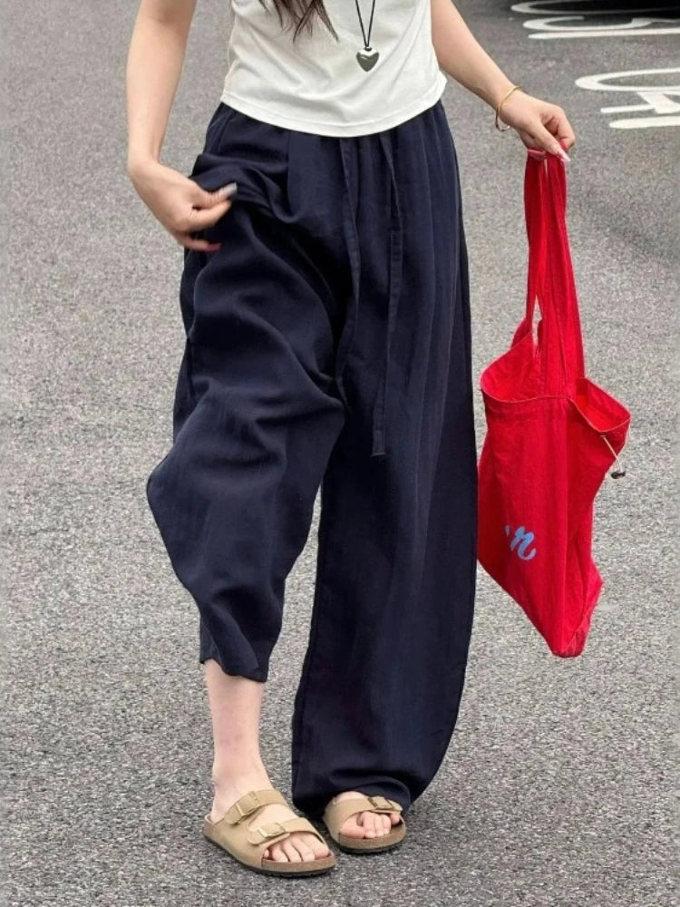 Loose Casual Cotton Linen Trousers Women Full Length Drawstring Women's Wide-leg Pants Summer Thin Linen Navy Blue Baggy Pants
