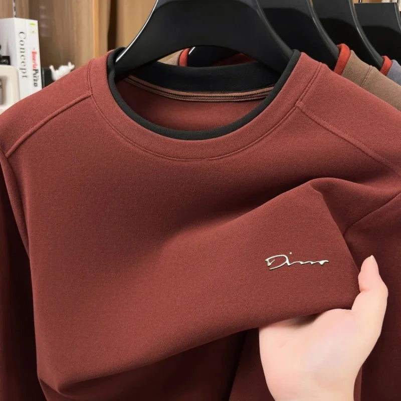 Unique fake two pieces round neck sweater men fashion brand letter emboss pullover autumn winter warm velvet long sleeve T-shirt