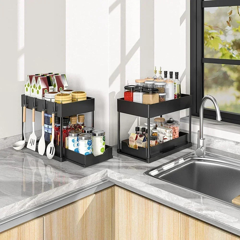 2-Tier Under Sink Organizers and Storage, Sliding L-shape Under Bathroom Kitchen Cabinet Organizers Narrow Space Sink Organizer