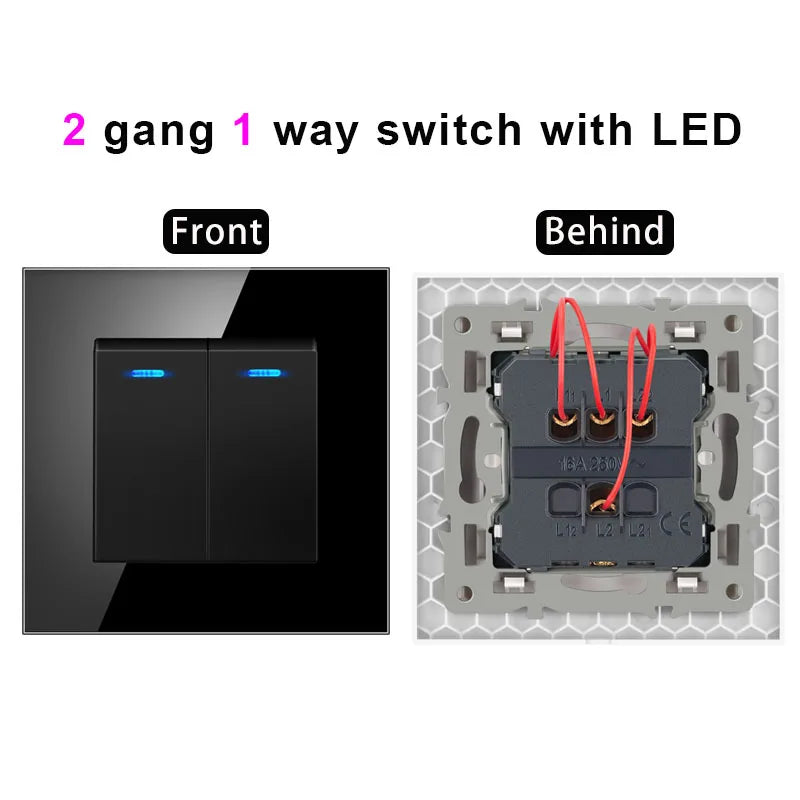 NYWP Luxury Crystal Tempered Glass Panel 1 Gang 2 Way Light Switch On / Off Wall Switch With LED Indicator 16A AC 250V