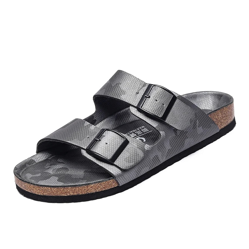 Summer Men Women Cork Slippers Clogs Microfiber Leather Slides Casual Slip On Sandal Double Buckle