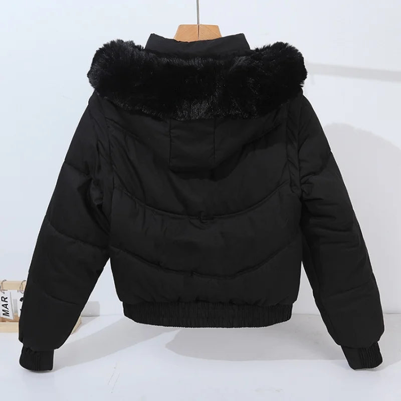 Winter Thickened Short Korean-Style Cotton-Padded Jacket with Fur Collar for Petite Women Warm Coat down Filled
