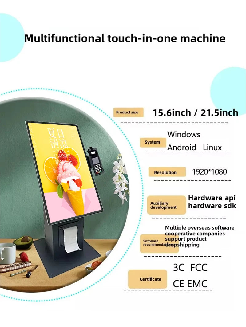 21.5 Inch Wall Mounted Touch Screen Self-Service Checkout Kiosk Payment Terminal For Grocery Stores Optional Barcode Reader SDK