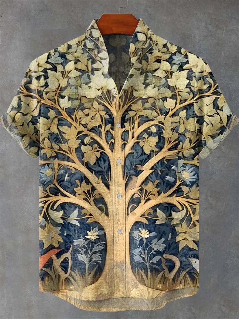 Men's Vintage Art Shirt Vintage Abstract Geometry World Tree Print Short Sleeve Linen Casual Shirt Men's Holiday
