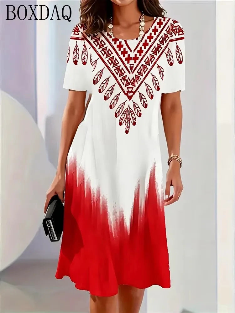 Retro Elegant Women's Summer Short-Sleeved O-Neck Casual Loose A-Line Dress 3D Digital Gradient Print New Dress