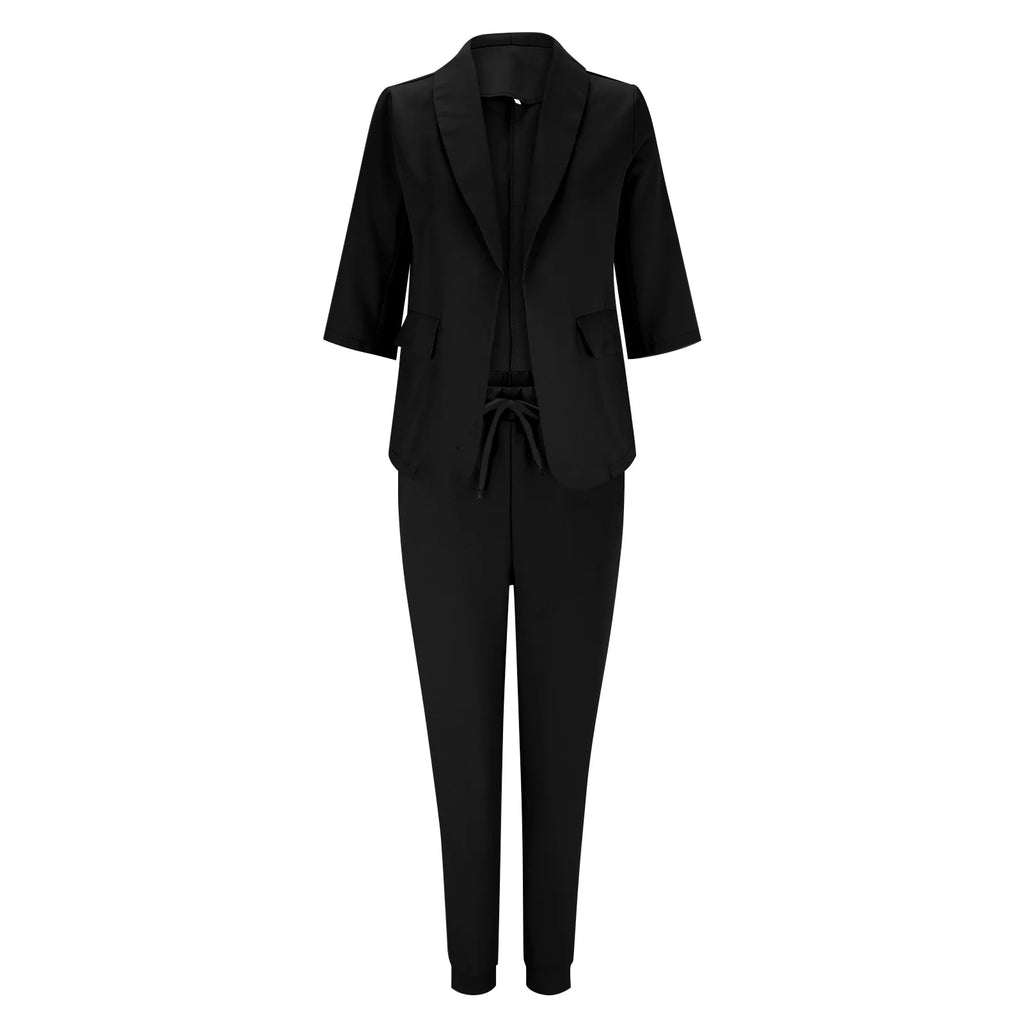 2024 Women's Two Piece Pant Suit Set Outfits Spring Autumn Turn Down Print Blazer Coat Drawstring Pants Suit Women Casual Sets