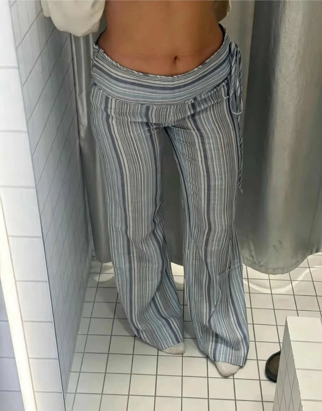 Color Vertical Stripe Women's Wide Leg Pants Folded Wide Waistband Side Thin Drawstring Tie Relaxed Drape Length Casual Pants