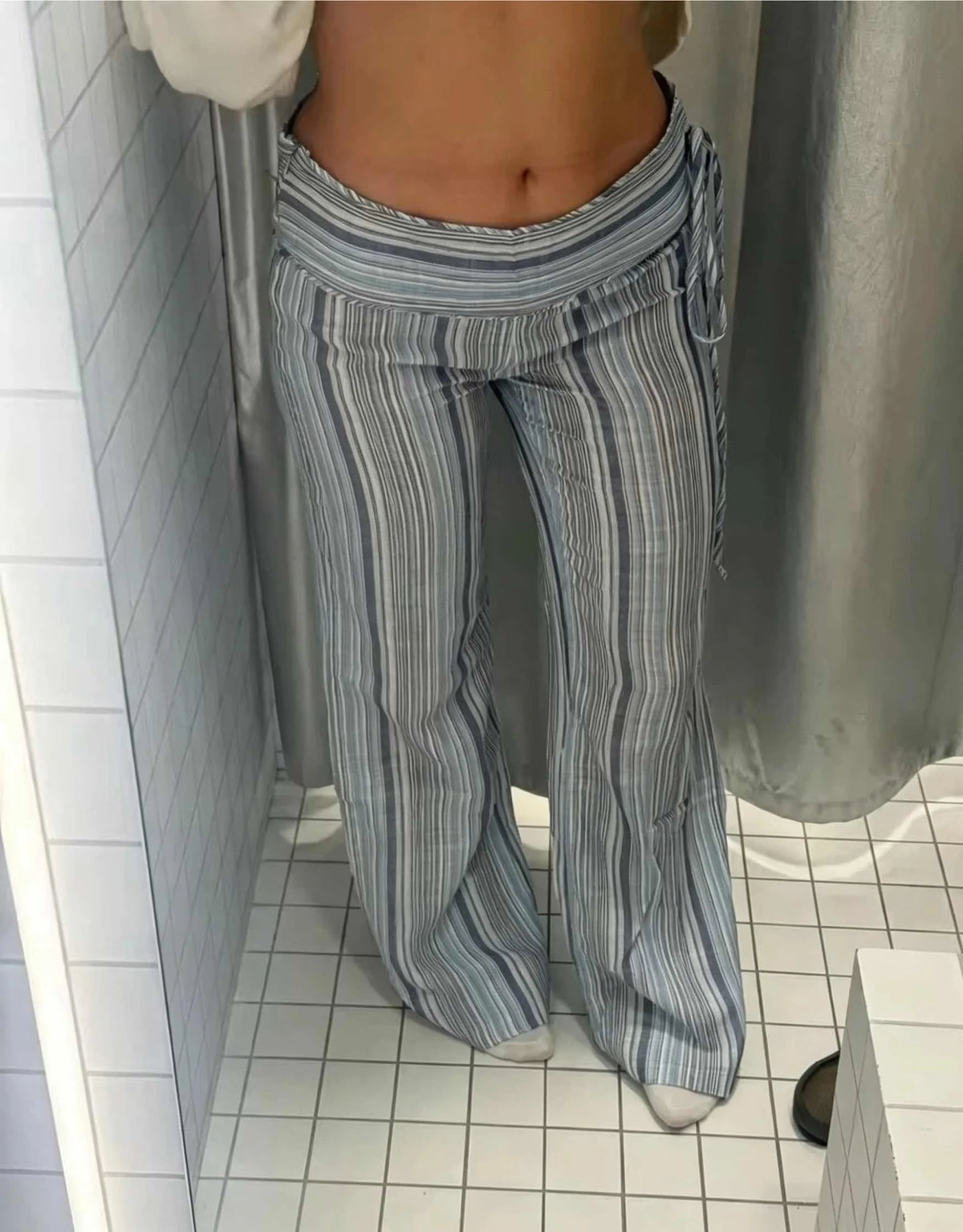 Color Vertical Stripe Women's Wide Leg Pants Folded Wide Waistband Side Thin Drawstring Tie Relaxed Drape Length Casual Pants