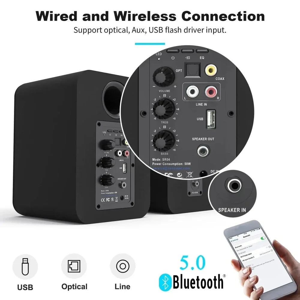 Bestisan 80W 2.0 Channel Wireless Speakers for PC TV Home Theater Sound System USB/coax/Optical Bookshelf Active Subwoofer SR04