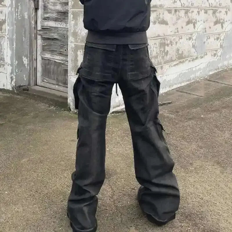 High Street Drawstring Zipper Sliced Wide Leg Cargo Pants Msn's Casual Loose Straight Trousers Loose Denim Pants
