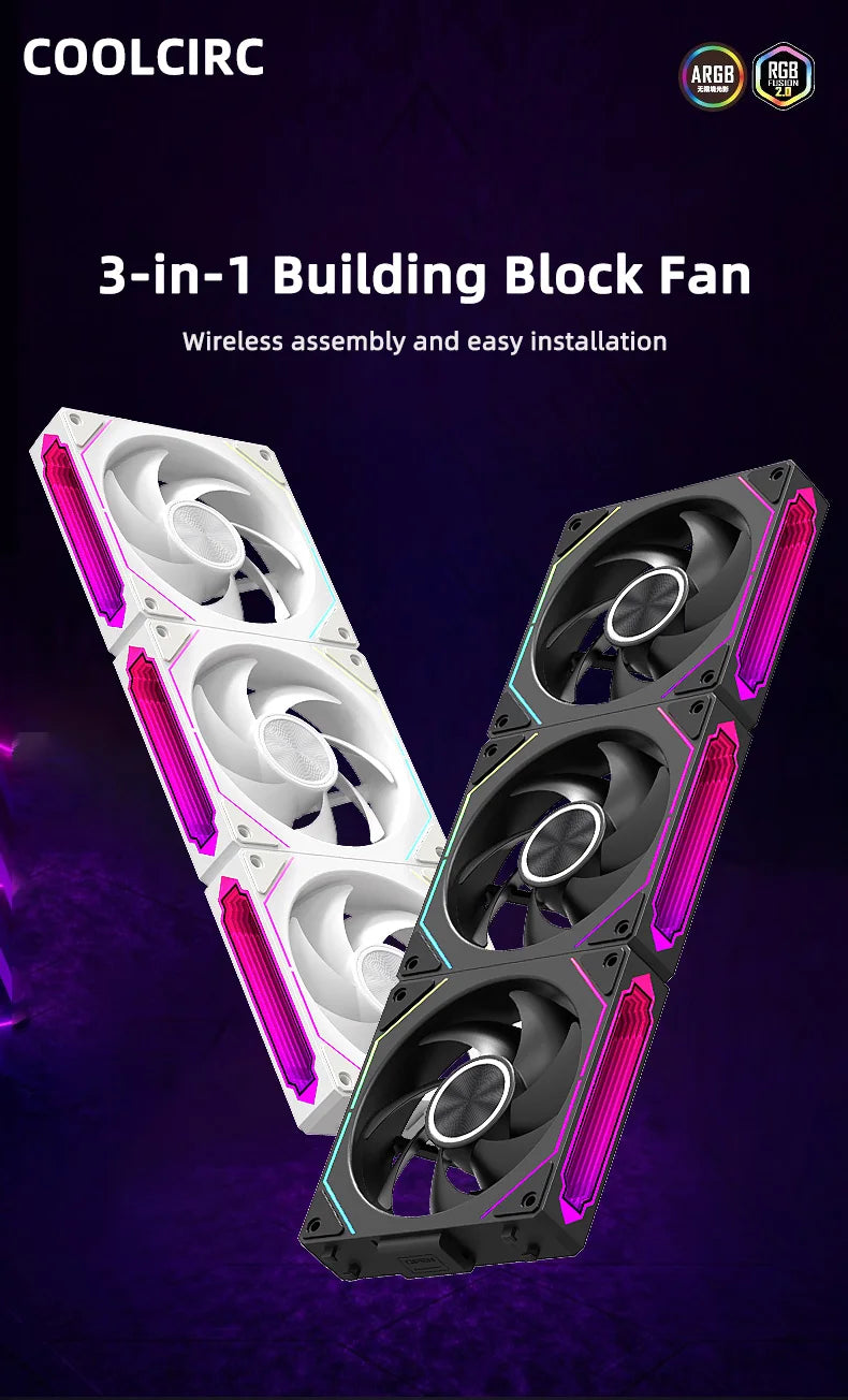 Coolcirc DL-2 Modular Wireless Splicing 120mm PC Case Cooling Fan ARGB Infinite Mirror Lighting Effect for Computer Water Cooler