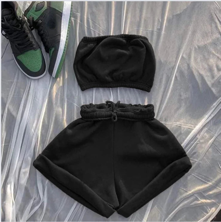 Thin Summer New Solid Color Lace Up Tracksuits Women Sleeveless Backless Tube And Shorts Two Piece Sets Casual 2pcs Outfits