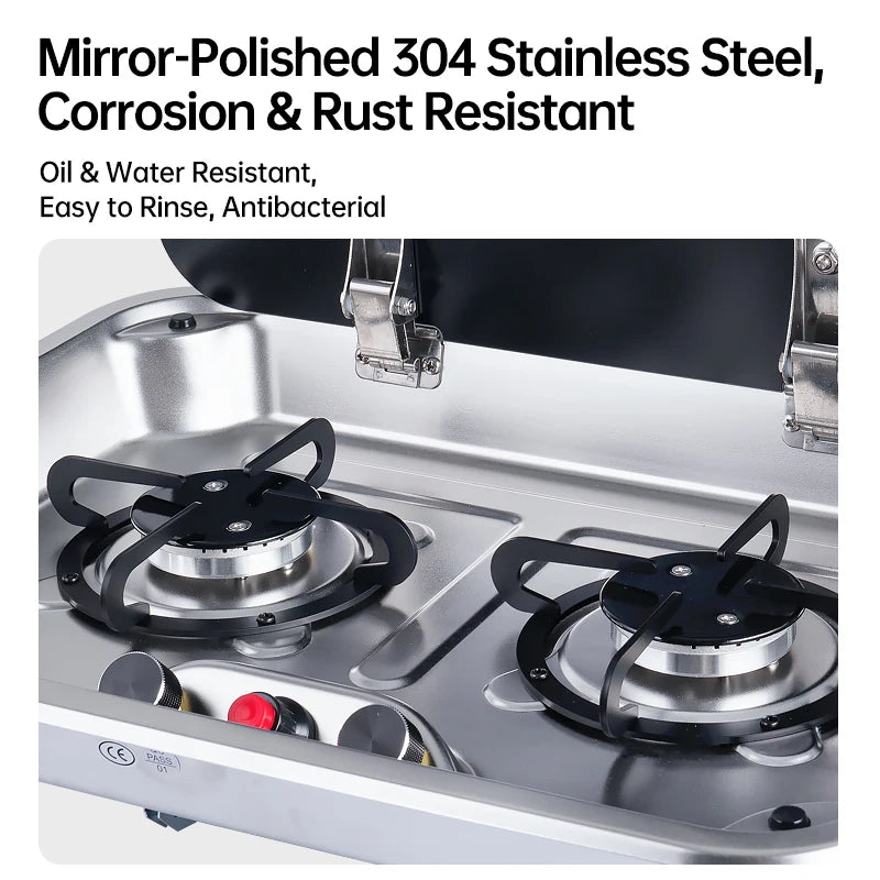 2 Burner Built-in RV Gas Stove Stainless Steel Camper Cooktop for Caravan Trailer Motorhome Van Kitchen