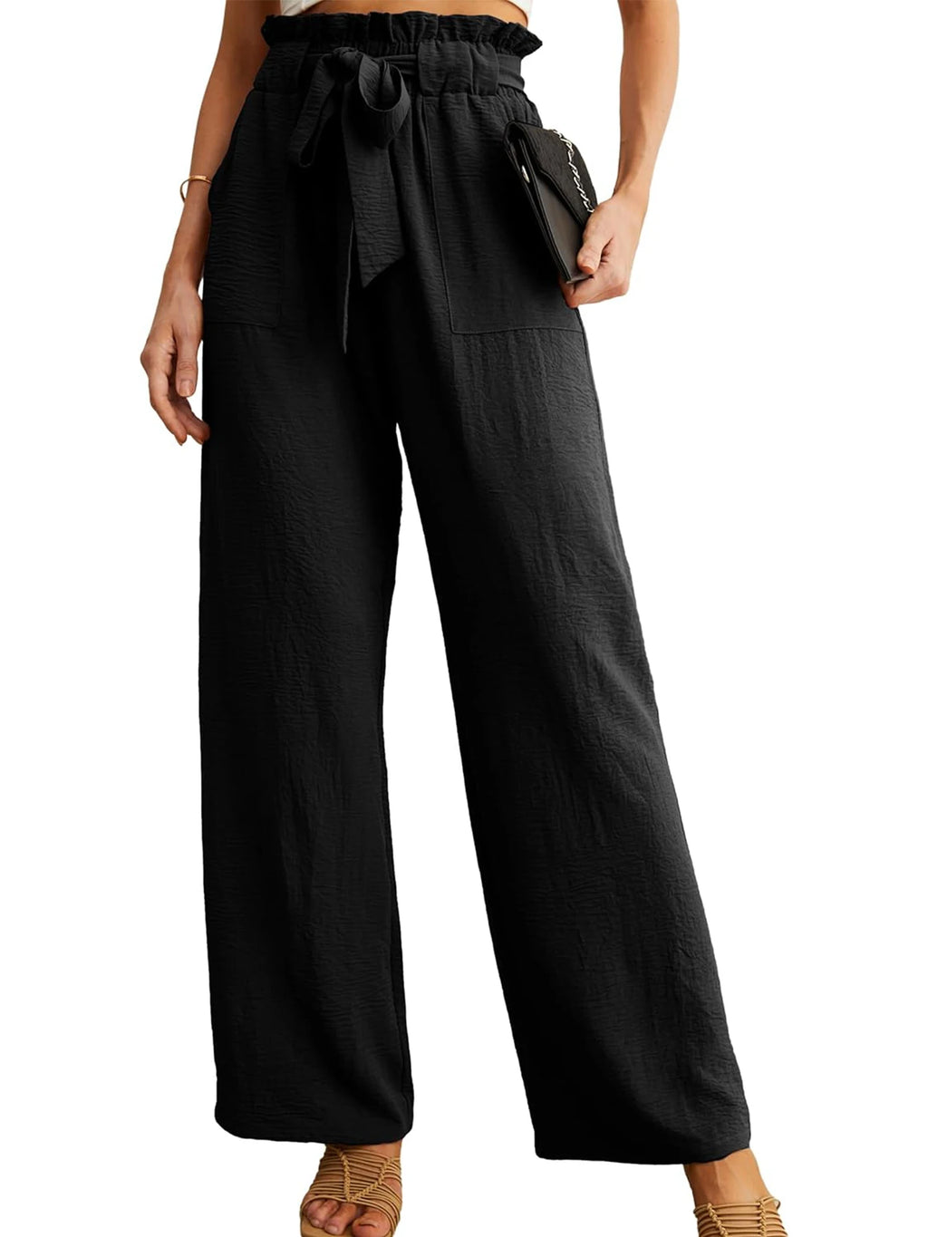 Women's High Waist Wide Leg Casual Pants with Pockets Adjustable Drawstring Loose Slimming Comfortable for Vacation