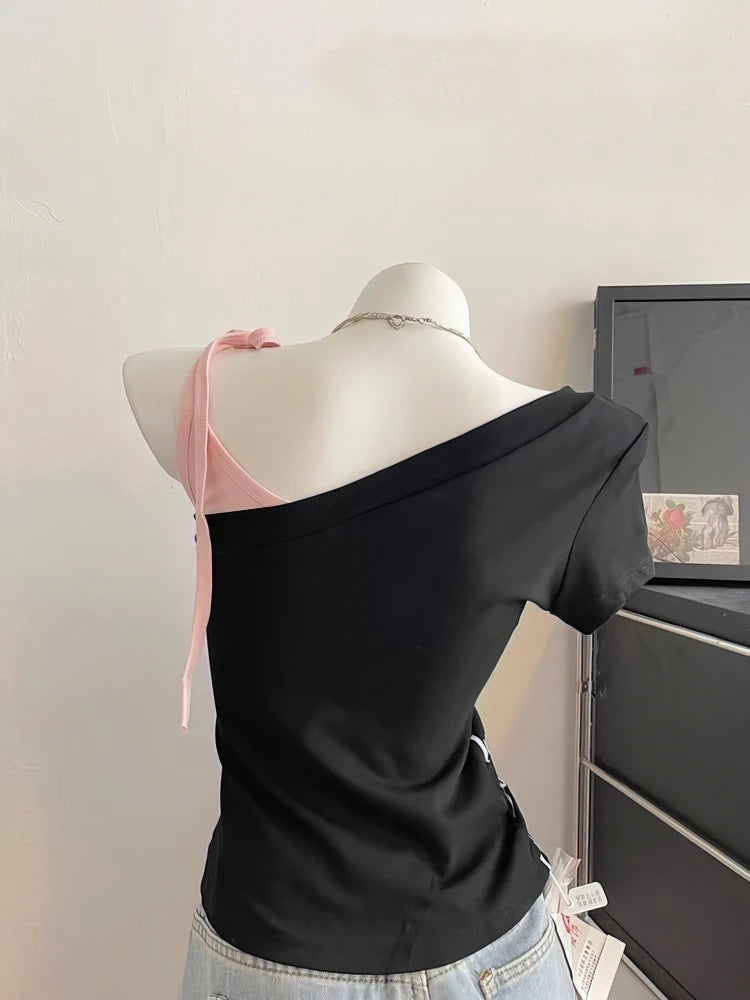 Y2k Black Pink Fake Two-piece Off Shoulder Short sleeve T Shirt Women Sexy Summer Top Lady Bachelorette Party Crop Shirt Korea